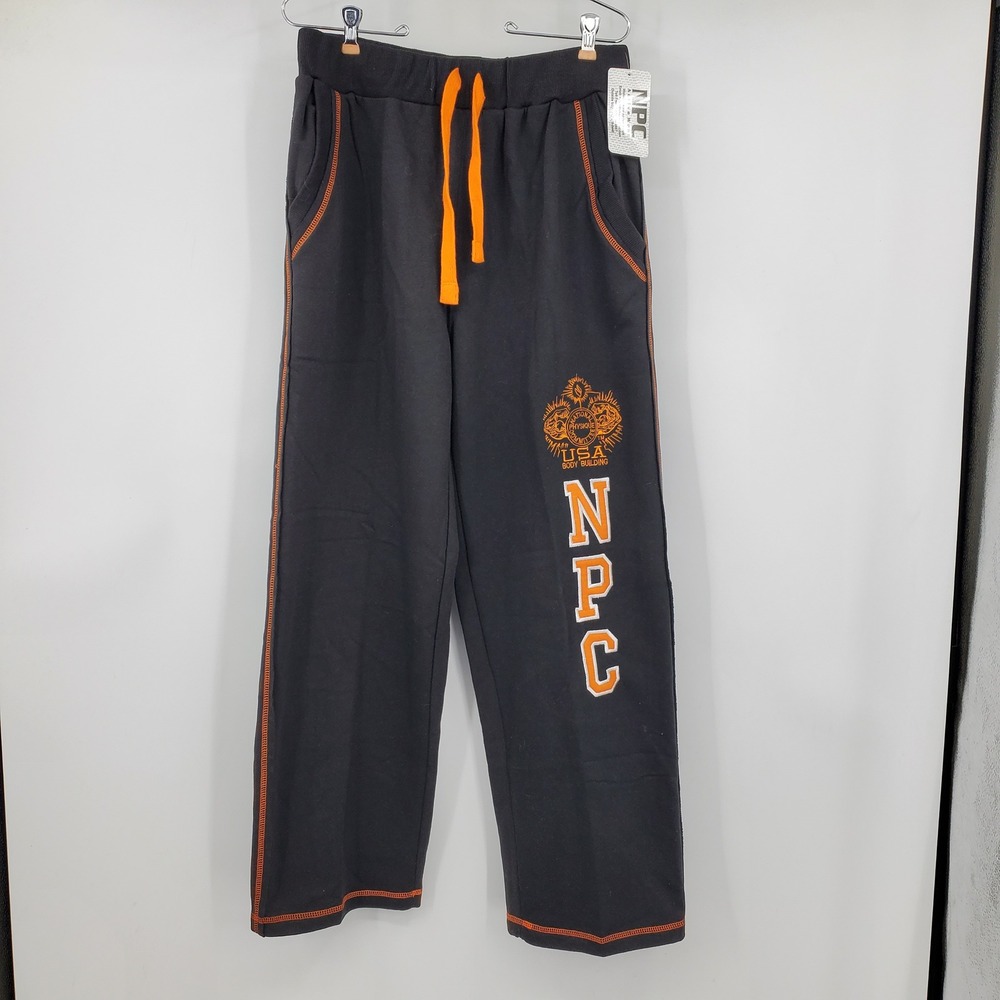NPC USA Old School Bodybuilding Baggy Sweatpants M Black Orange Y2K Gym NWT Pant